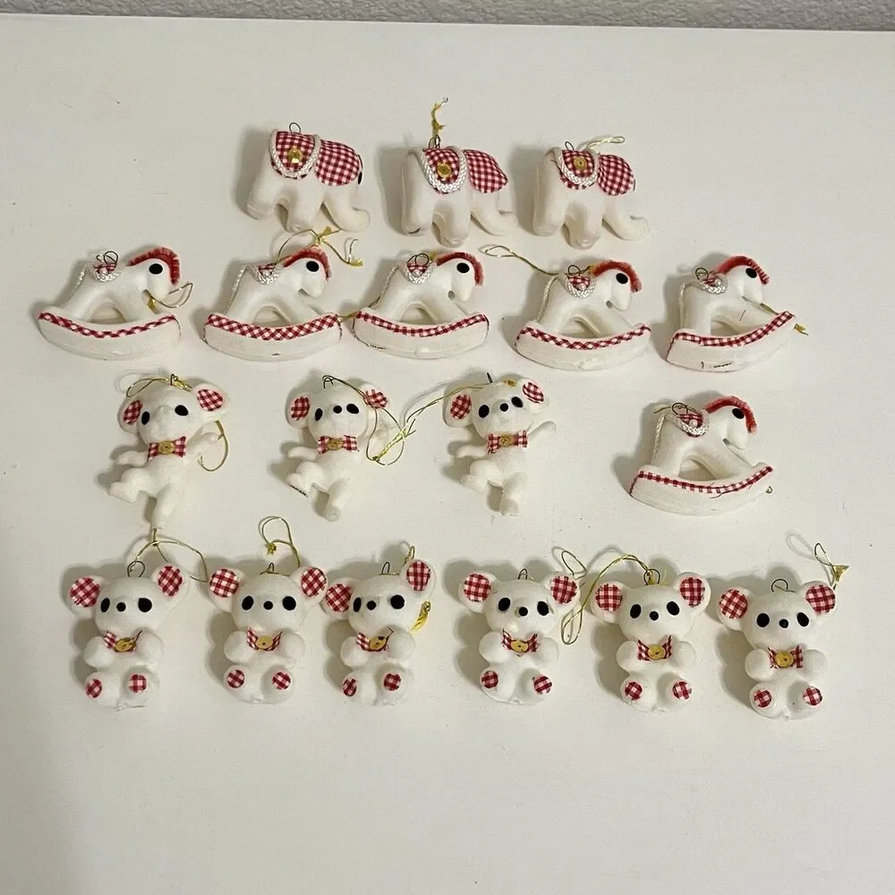 Vintage White Flocked Christmas Ornamants Japan Red Gingham Bear Mouse Elephant